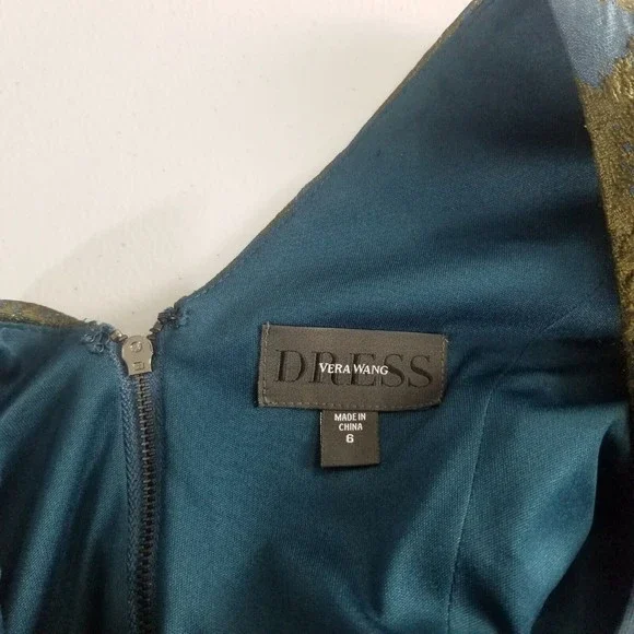 Vera Wang Brocade Dress Women Size 6 Dark Teal Green Metallic V-cut Back Lined - Picture 4 of 16